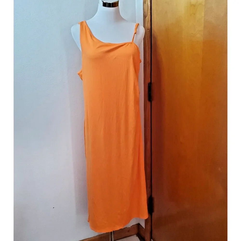 Women's 2X Orange Dress Madden NYC Asymmetrical Neckline Shirred Side Cut Out - Picture 7 of 14